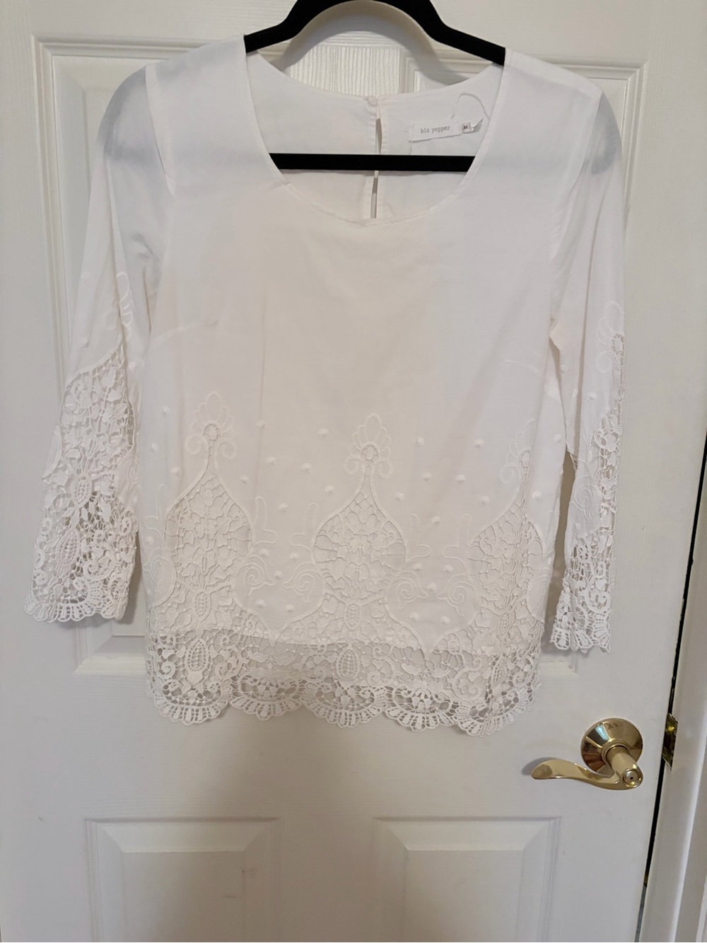 Blu Pepper White Lace-Trim Scoop Neck Blouse